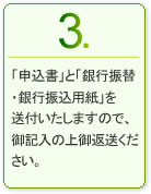 3.「申込書」と「銀行振替・銀行振込用紙」を送付いたしますので、ご記入の上御返送下さい。