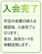 入会完了　所定の会費の納入を確認後、入会完了となります。後日会員カードをご郵送いたします。